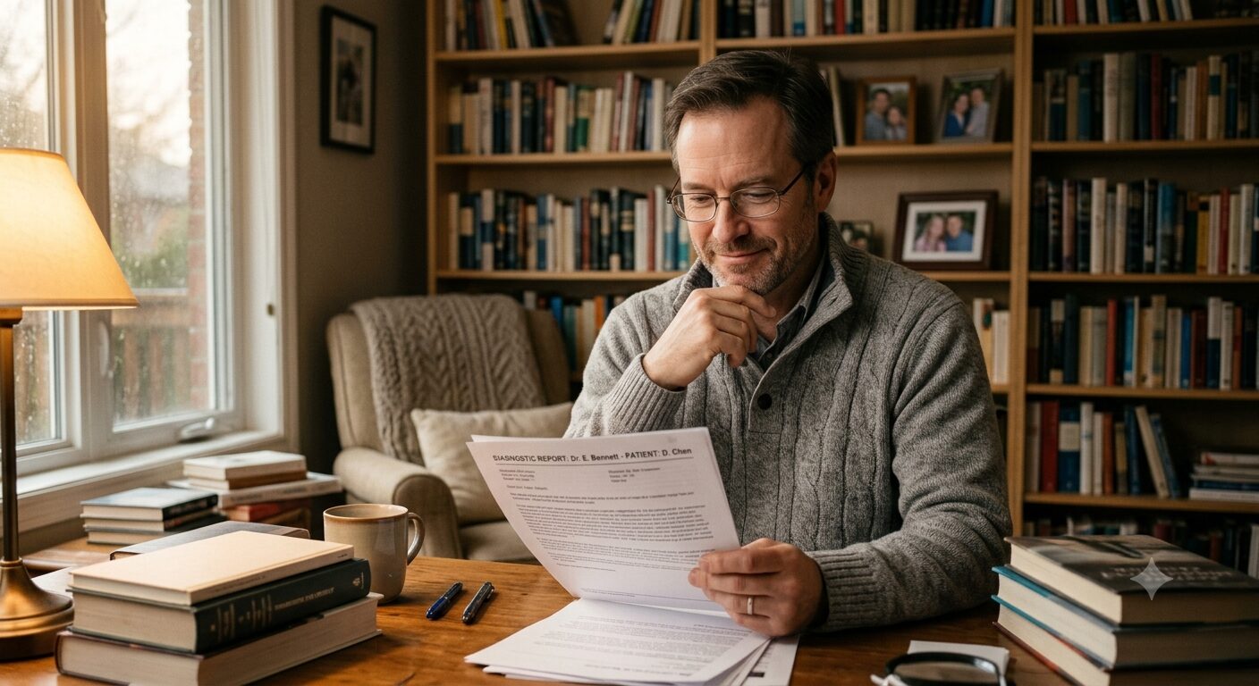 Adult in the UK reading their private ADHD diagnostic report at home